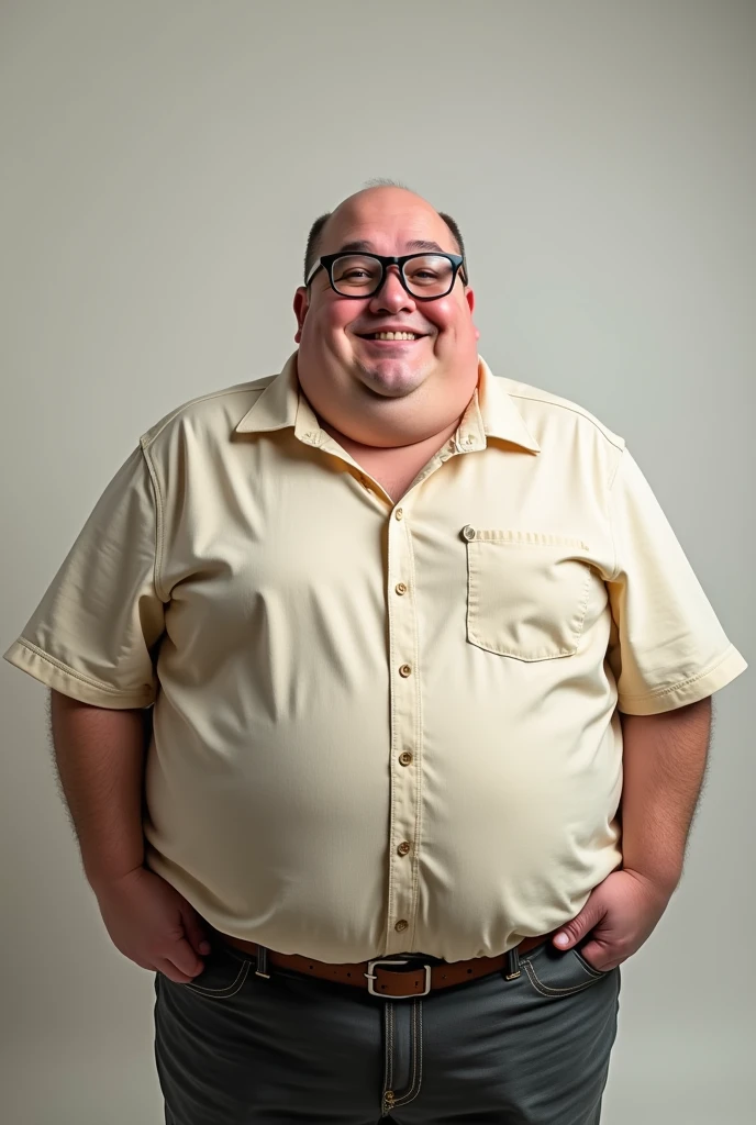 Generate a photo of a fat guy with glasses