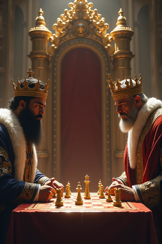 Two kings playing the game chess in tha middle backside of the king a throne with a crown placed in it with a gold crown in it. The image should be decent and professional.