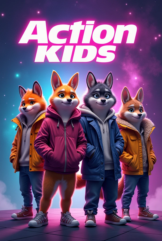 Four fashionably dressed teenage animals 3 males and 1 female animated facing front with galaxy background behind with the phrase action kids on top