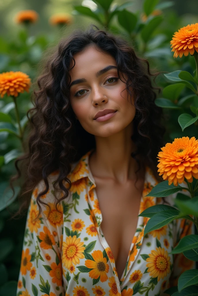 A Brazilian woman in a lush tropical garden, wearing an open shirt with a floral print, with a close-up capturing the harmonious beauty between her breasts and the natural flowers, showing off your natural charm and outgoing personality.