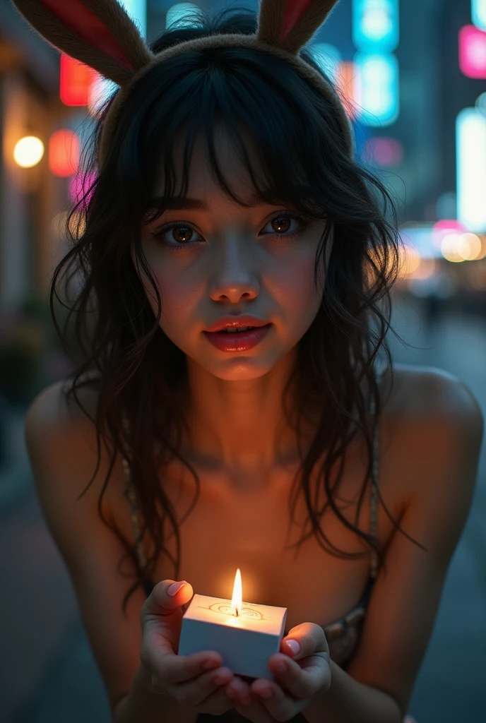 Highest quality, Face Focus, Soft Light, Ultra-high resolution, (Realistic:1.4), RAW Photos, (A shy smile:0.5), (Brown eyes, Light in your eyes), Beautiful face in every detail, (Small box),(High resolution detail of human skin texture), Dark City,Best, skirt,Drooling,whole body,chest,tongue,glamorous,far away,Bunny ears