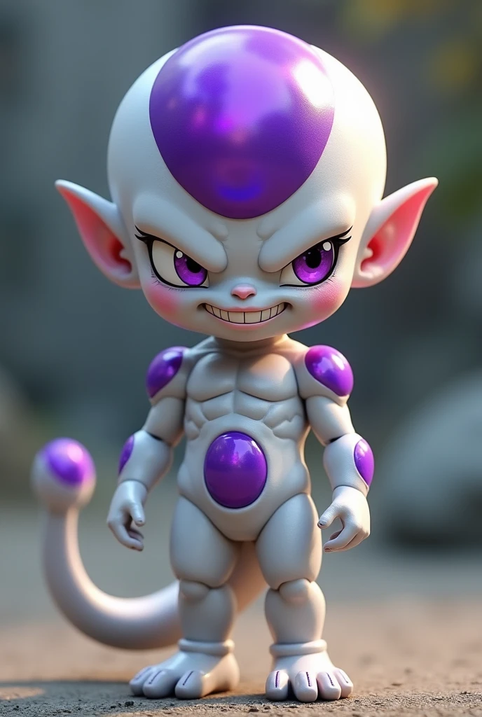 Frieza from dragon ball z that is of average height that has large purple pearls embedded in his head and shoulders that has a planet-killer smile that is white and has a tail that has o-shaped ears that has a cute face