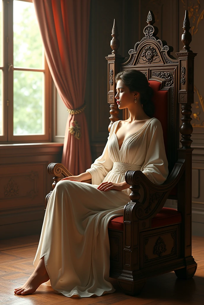 (фотореализм:1.2),photo of beautiful  woman in flowing down on carved wooden throne,, rich  interior complete with intricately carved furniture, cinematic composition,  soft lighting, окно с солнечным светом, расслабленная поза, реалистичный, сложные детали, теплые цвета, 