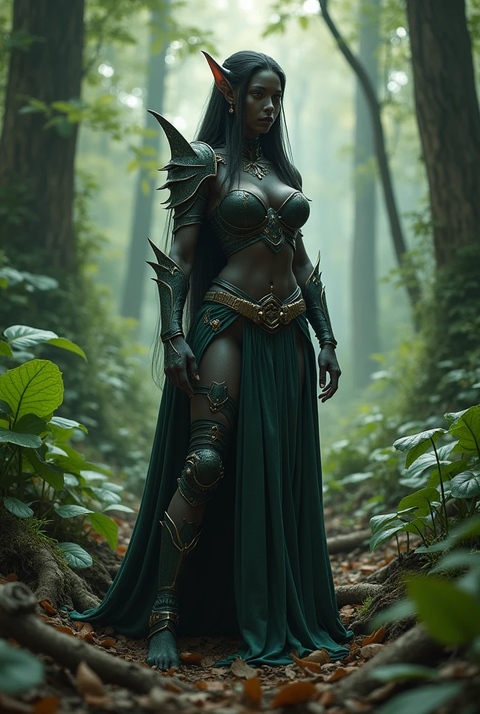 tall elf woman,breasts, black skin color, pose, crouching in the middle of the forest wearing armor