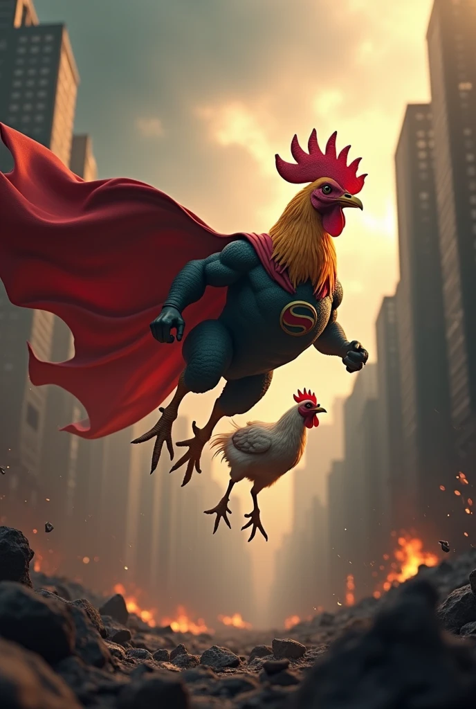 A superhero chicken saving another chicken at the end of the world