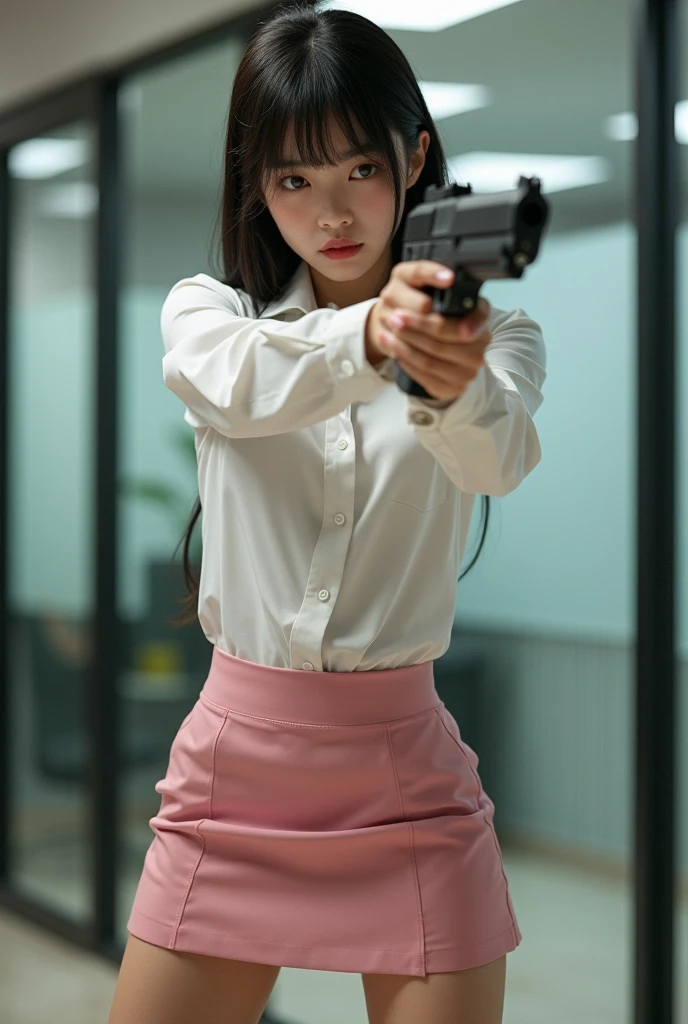 beautiful sweet office lady chinese white shirt pink nylon mini skirt standing legs spread hip shoulder firing rifle gun toting force grip aiming side target full portrait
