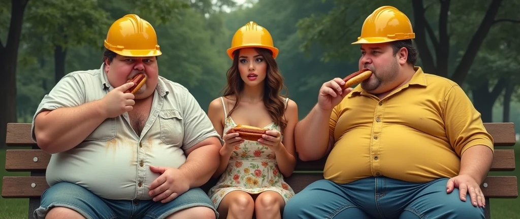 there are two very fat men sitting on a park bench, one black and one white, they are eating hot dogs, men wear construction helmets, among them there is a very thin, beautiful and attractive woman in a beautiful short flowery dress, she is outraged by them, (They have their hands open with the palm facing up making the shrug expression:2.0), (shrug:2.0), the men have dirty and sweaty shirts, It's very hot, (Artwork,Distinctive Quality,mirror-like,Cinematic experience,incredibily detailed,absurderes),8k,wall-paper,(best illustrations:2.0),(A light-skinned woman:2.0),(Asian:2.0)