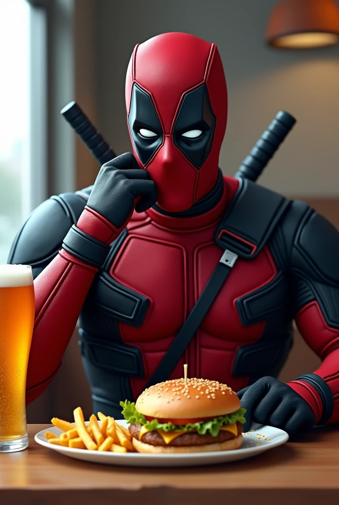 deadpool in his suit eating a hamburger with french fries with some beer