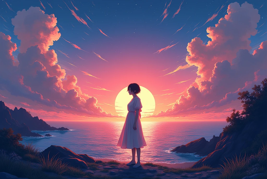 ((Impressive anime art style)),Sunrise on the horizon,Abstract human silhouette,coastal,Streaks of Light,Starry Sky,dawn, ((masterpiece, Highest quality, Highly detailed CG, unity 8k wallpaper )),(masterpiece, Highest quality, Highest quality, Official Art, beautiful),Colorful and stylish,カラフルなStreaks of Lightのエフェクト,High-precision images,Ultra-high resolution,Poster Art,CD jacket,(((Abstract modern design poster)))