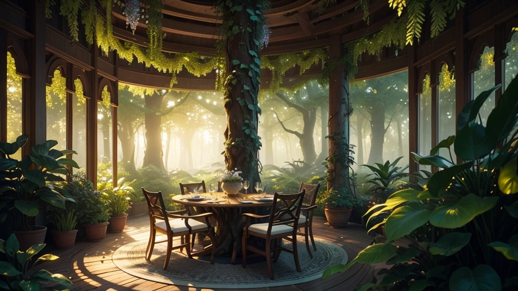 Enchanting Evening Retreat. Envision a cozy courtyard by a beautiful, fairy-tale house, The house glows with a cozy light, nestled in a garden teeming with diverse flowers and bushes. The garden is alive with colors and textures, from delicate blossoms to thick, leafy foliage. The setting sun bathes the scene in a warm, ethereal glow, with a tea table perfectly placed to enjoy the peaceful ambiance. A cozy tea setup with delicate porcelain cups and a teapot is placed on a stone table surrounded by flowering plants. masterpiece, Best Quality, (highly detailed CG Unity 8k wallpaper), (Best Quality), (Best Illustration), (BEST SHADOWS), Natural elements in the forest theme. mysterious forest, Beautiful forest, nature, surrounded by flowers, delicate leaves and branches surrounded by Fireflies (Natural elements), (Jungle theme), (leaves), (branches), (Fireflies), (particle effects), etc. 3D , Octane Rendering, Ray Tracing, super detailed