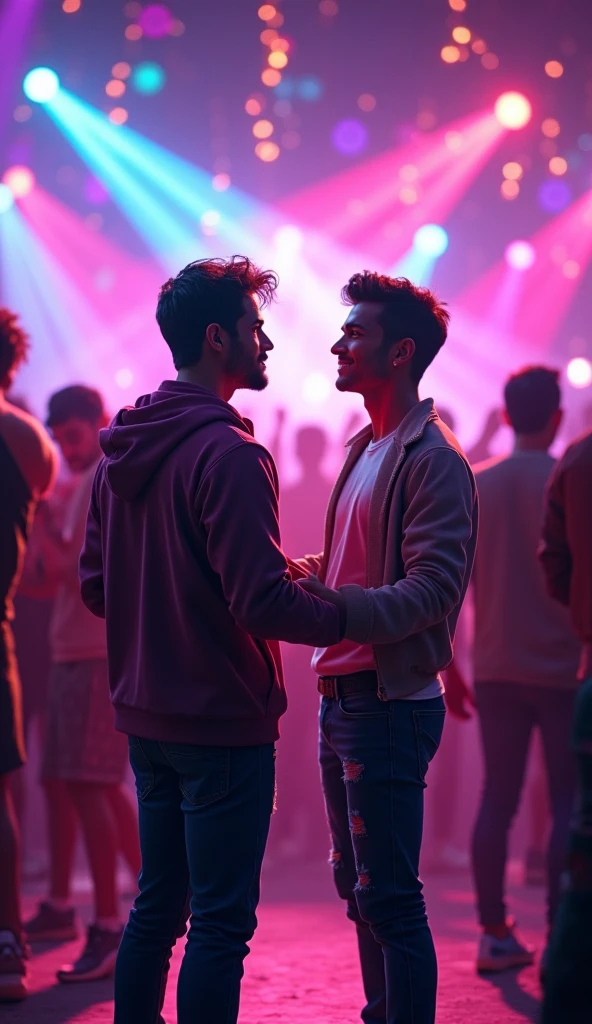 **Nightclub Experience**:
   - An electric nightclub scene with colorful lights, people dancing, and lively music. Ashok and Gautam are interacting with the crowd, and Ramen is seen in the background, observing with a smile.3d