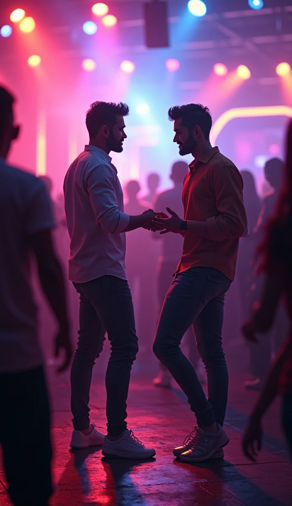 **Nightclub Experience**:
   - An electric nightclub scene with colorful lights, people dancing, and lively music. Ashok and Gautam are interacting with the crowd, and Ramen is seen in the background, observing with a smile.3d