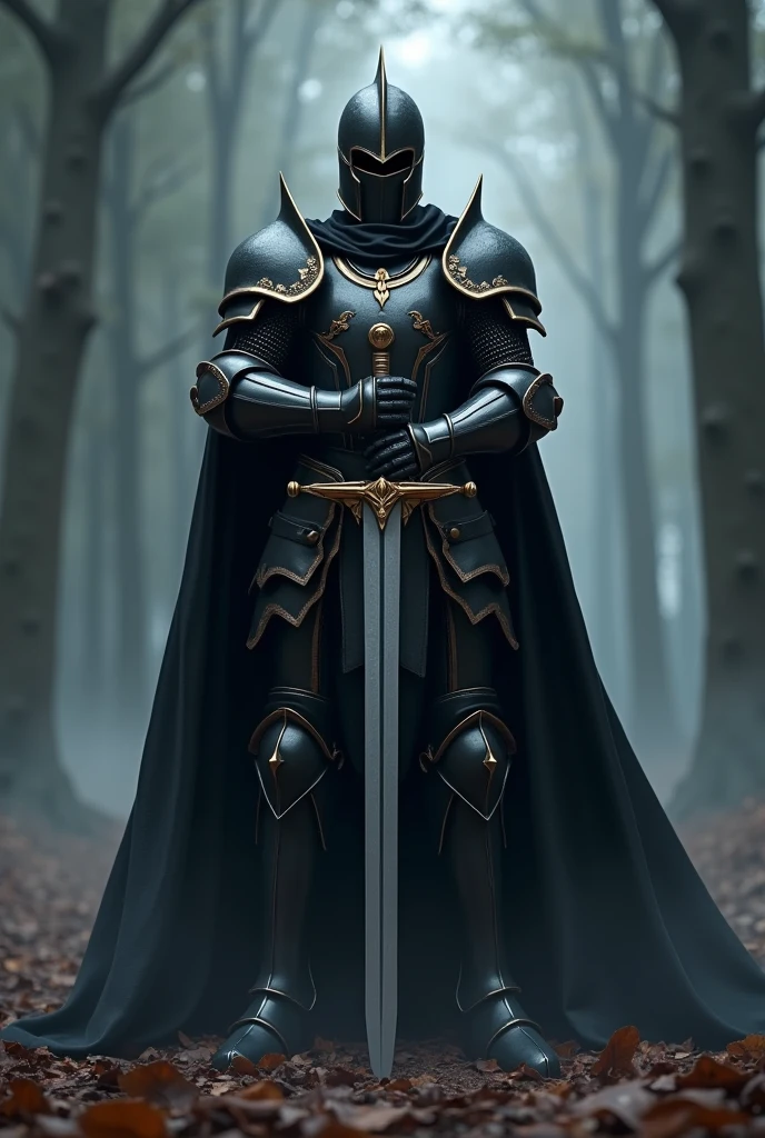 Black Knight,Knight in black armor,Thrusting a double-edged sword into the ground,Hold the hilt of the sword with both hands,Black Cape,Otherworldly Armor,Gold Color Line,Night Forest,fog,A cloak fluttering in the wind,(Wearing a black robe over armor)