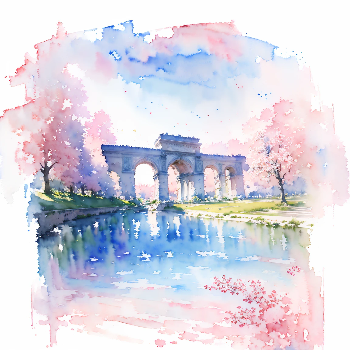 (masterpiece:1.2, Highest quality),(Very detailed),(((watercolor))),8k,wallpaper,Landscape of France,Arc de Triomphe