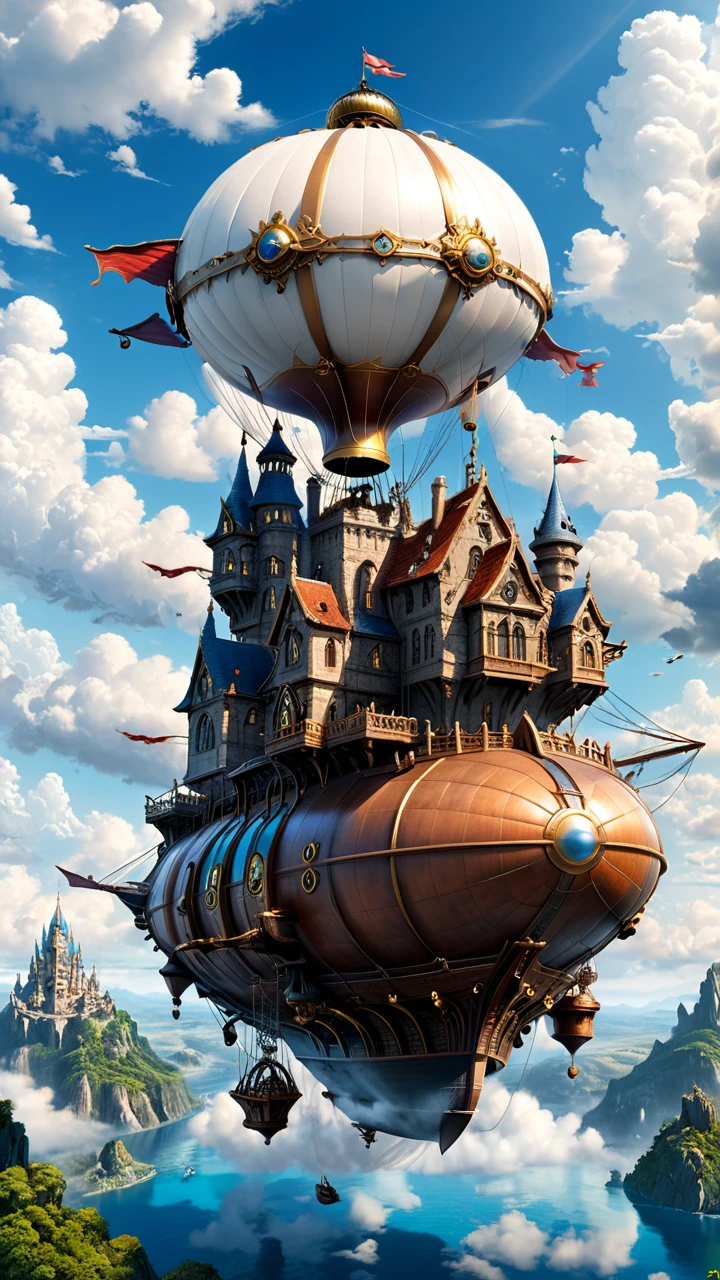 Steampunk Airship、,(masterpiece, Highest quality, Professional, Perfect composition, so beautiful, Absurd, Very detailed, Intricate details:1.3),White cloud、Blue sky、A flying castle seen in the distance