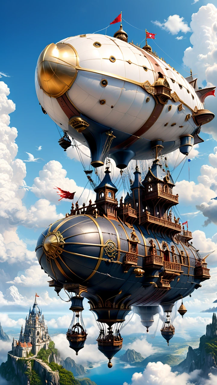 Steampunk Airship、,(masterpiece, Highest quality, Professional, Perfect composition, so beautiful, Absurd, Very detailed, Intricate details:1.3),White cloud、Blue sky、A flying castle seen in the distance