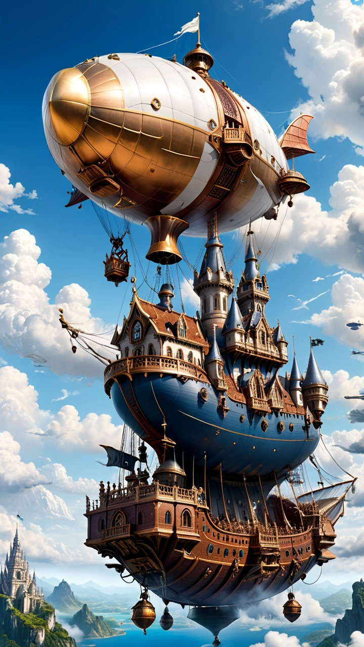 Steampunk Airship、,(masterpiece, Highest quality, Professional, Perfect composition, so beautiful, Absurd, Very detailed, Intricate details:1.3),White cloud、Blue sky、A flying castle seen in the distance