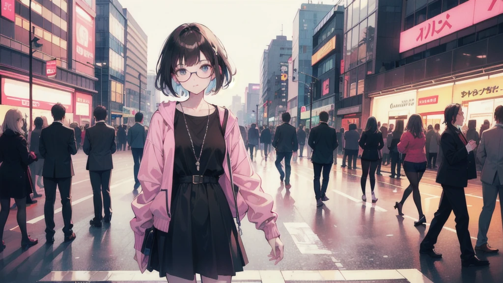 Create an anime-style image set in the bustling streets of Shibuya during the 1990s. The scene should depict a young woman with short brown hair and large round glasses, wearing a stylish outfit that combines a floral-patterned black dress and a vibrant pink jacket. The character should have a casual, confident pose, standing amidst the iconic Shibuya Crossing. Surround her with neon signs, billboards, and a crowd of pedestrians typical of the era. The overall color scheme should include soft pastels with a touch of vibrant colors, reflecting the distinctive aesthetic of 90s anime.