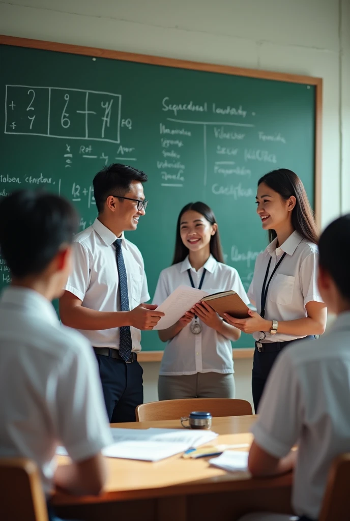 Good colleagues are 19 teachers, both male and female, teachers from Thailand, a secondary school teaching both English and mathematics, 200 students.