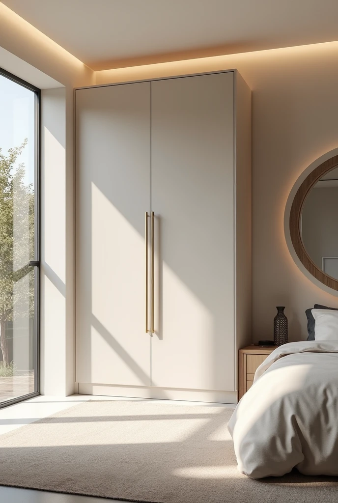 Interior desing , Room  ,   , Thematic , moderno , light colors , single bed , custom closet , curved mirror ,  ultra realisitic , 4K , High-resolution rendering 