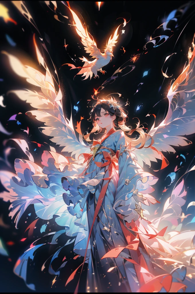 pale colour, ((Amazingly absurd、fractal))、超High resolution、Attention to detail, high quality, High resolution、masterpiece、Old tapestry、Phoenix、spread your wings and fly in the sky、It is characterized by its long tail feathers.、inflammationの熱気によって表現される、Firebird、Countless Shining Feathers、(flash、Grains of Light、Hello、inflammation:1.5)、