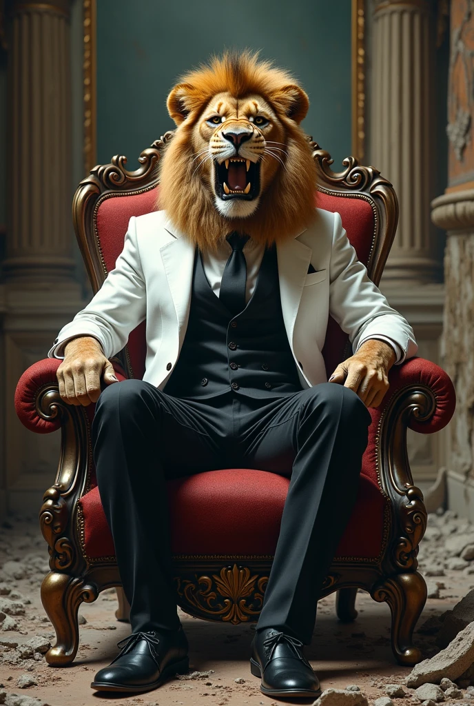 A angry injured lion setting on a king size chair in ruined palace wearing white and black suit