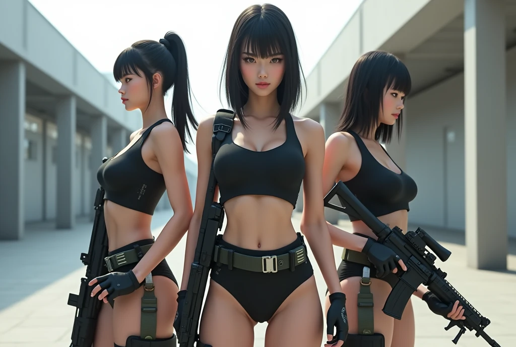 Japanese. Three lightly armed beautiful girl soldiers wearing compression shorts.