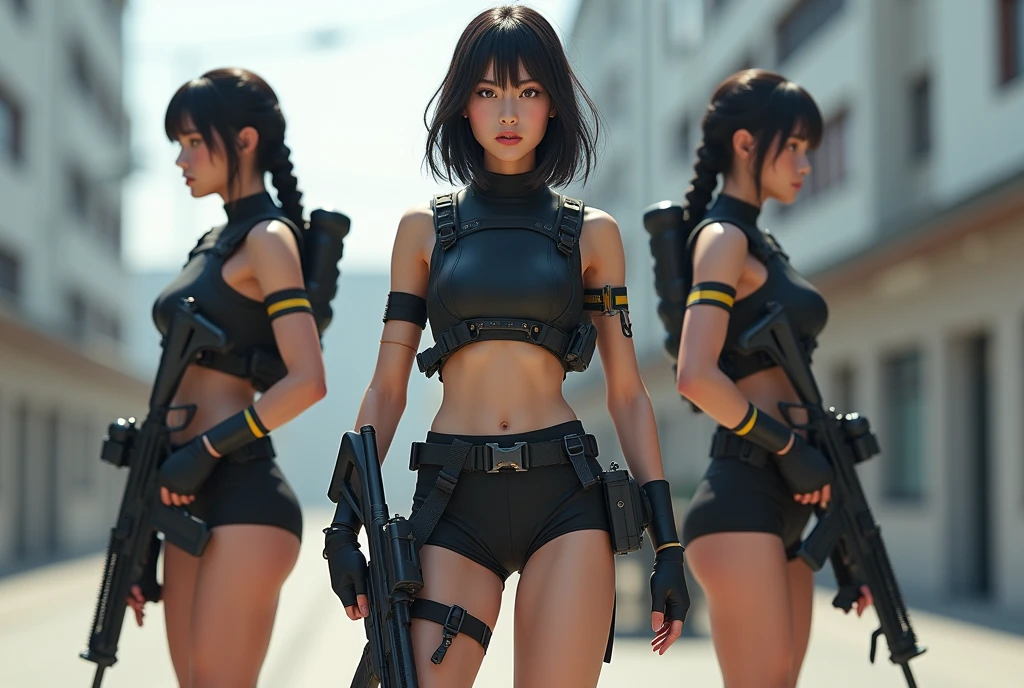 Three women in military uniforms posed for photos with guns, cyberpunk women, Cyberpunk costumes, wearing techwear and armor, m4 sopmod ii girls frontline, female cyberpunk, Cyberpunk 2 0 y. o model girl, Cyberpunk clothes, has cyberpunk style, cyberpunk fashion clothes, mgq, cyberpunk imperial military, Cyberpunk costumes, cyberpunk fashion clothes, Cyberpunk))), cyberpunk techwear