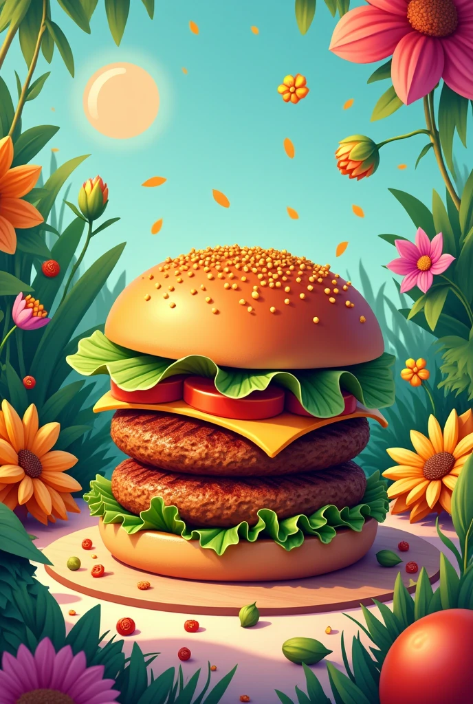 Vegan burger with lentil grains in animated background