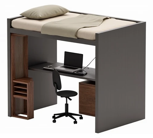 **Description of the room plan:**

The design shows a compact and efficient room with the following elements:

1. **cabin bed:** Located against one of the walls, The top bunk is used for sleeping, while the lower part is used as a work space.

2. **Desk under the cabin:** under the bed, There is a desk with a computer and a chair, creating a comfortable and functional study or work space.

3. **Additional table:** A simple table placed in the room can be used for various activities such as reading., write or place additional equipment.

4. **Recording studio:** In a corner of the room, the recording studio is located, equipped with a microphone, a sound mixer, a plan, Monitors and other essentials for music production.

