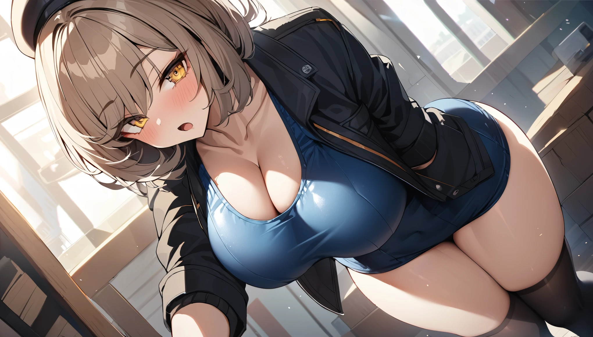 Highest quality、Best image quality、masterpiece、Highest quality, Very detailed,,One person, alone, At Nikkean, anise, squint, short_hair, Open_mouth, Very large_chest, light brown_hair, hair_ornament, chestの谷間, Jacket,black_Jacket,full_body, yellow_eye, black_Knee socks, beret, black_beret, School swimsuit,Very large_Thighs,Big Breasts, sunlight,Huge_chest, 