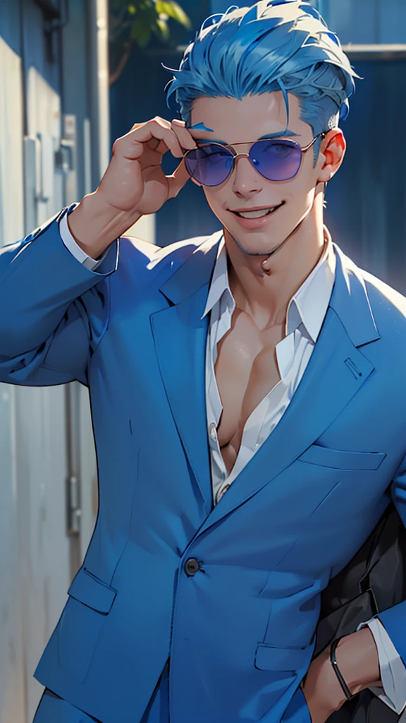 (((Blue suit、White open shirt、Smooth blue hair that reaches down to her back、Eyes showing through sunglasses、Handsome man smiling and looking at camera、Hair up to the neck))),