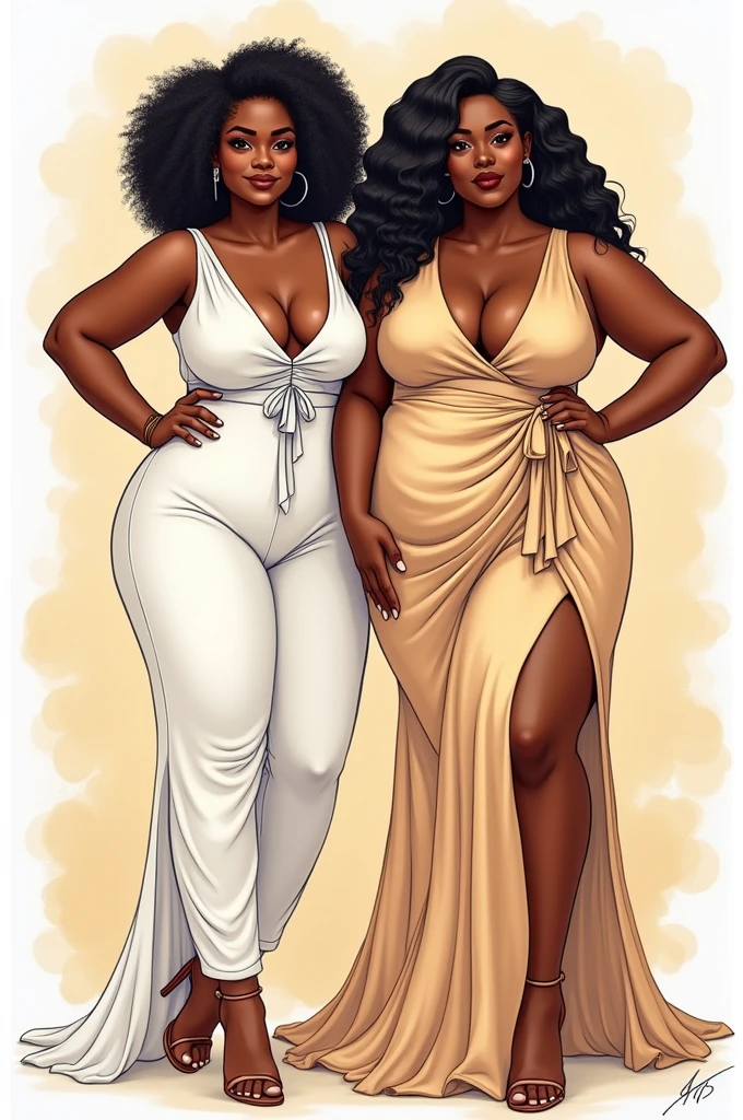 Plus size Black Women coloring book for adult, Fat Women coloring page, outline body, white skin, white body, beauties parfect face and body, full body, sexy elegant clothes, instead of fat