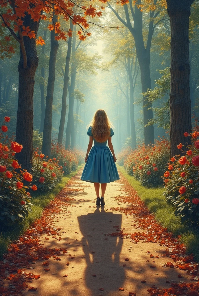 Alice is in the middle of the image\(Alice in Wonderland, Want to know\), In a world where everything is wrong, Probably the garden of the Queen of Hearts' royal family, Perspective distortion, Wrong sense of distance, Horizons and verticals are distorted, The balance is weird., The compensation relationship is wrong,Psychedelic, Time interval error, The relationship between the upper and lower levels is wrong, Gravity is messed up, The light and dark are not right, Alice's shadow is in a completely different pose, Works of Salvador Dali, Collage of realistic photos, Lots of unrealistic creatures,A very flat world,Surrealism, Optical illusion