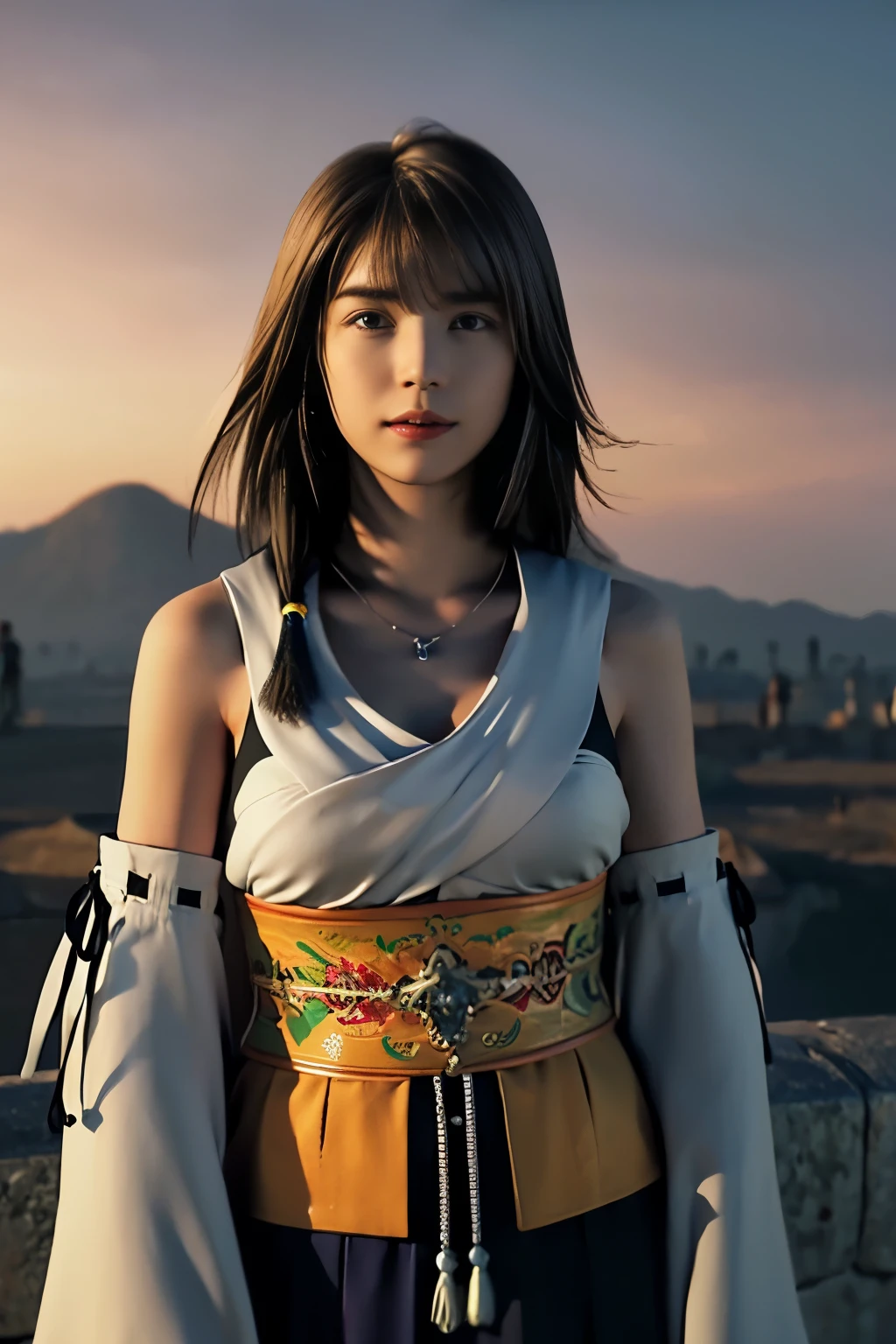 1 girl, alone, jewelry, Removed sleeve, necklace, Blue beaded earrings, Skirt also Yuna FFX,
Ultra-high resolution, Upper Body,photograph, photographrealistic, Very detailed, Detailed face, alone cute woman, royal palace,
Medium-breasted star piece, high quality),Looking at the audience, Gorgeous Goddess, Abnormally long hair, Very long hair, (rich:1.4), Charm髪を吹く, Charm, dream-like, Royal Cloak, ((Thick bangs)),