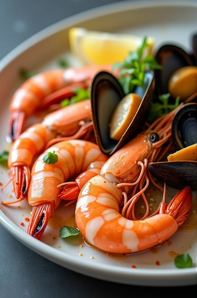 dish with natural shrimps and mussels, Appetizing