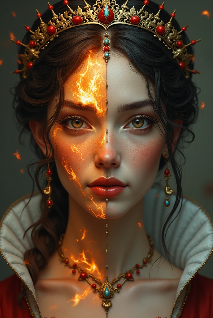 A fine duchess with a lot of pepper around her and with half her face angry and half her face happy