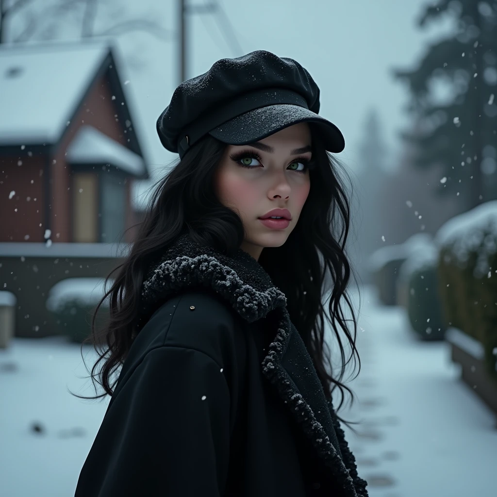 (masterpiece, hyperrealism, sharp images, photorealistic, best quality:1.5), (Photo taken from her back, she is not looking, view) , (Full body portrait), (highly detailed face:1.5), (has white skin, highly detailed skin:1.8), (20 years old woman) (she has very black wavy hair) (breast size: 1.3), detailed hd beautiful dark green eyes, lips marked with pink lipstick, flirtatious look, big light green eyes, bold black eye shadows, huge eyelashes, (she is wearing stylish black coat for rain and snow, with cap, with sherpa lining) (she looks as the snow falls, she has a face like she is thinking or imagining something) (she is walking on the sidewalk in a neighborhood of one-story houses) (everything is covered with snow) (background, it is already dark, there are black and blue clouds, it is snowing and it is cold). the perspective of her back, She is not looking at the camera, foggy background