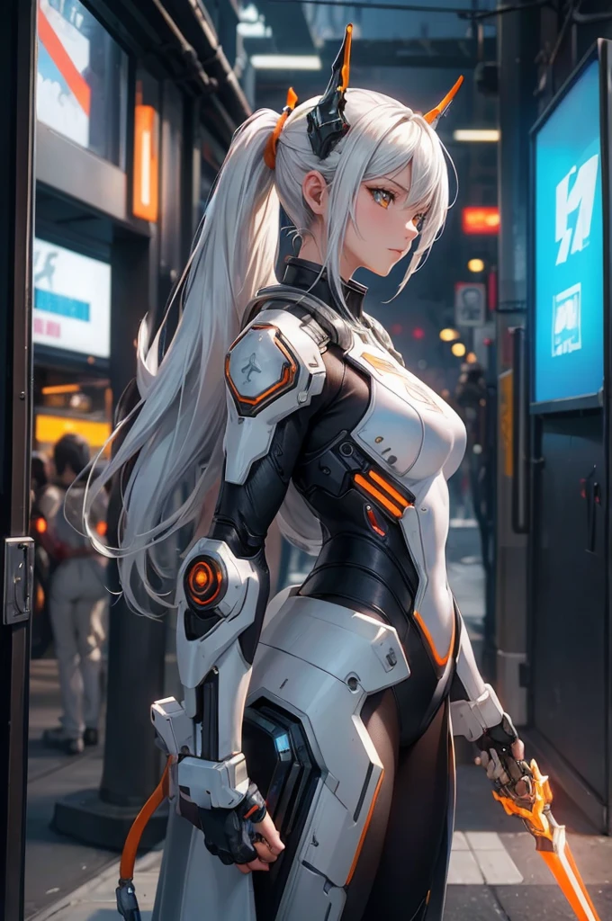 1girl, a beautiful girl cyborg cyberpunk carry a fantasy weapon in the cyberpunk city background, wide angel, oil shinny, ponytail, white hair, white and orange and black machine suit color combination, the body full of machine, realistic futuristic hologram, asian skin tone, beautiful eye, beautiful asian face, cyber ear machine, suits is solid mecha, realistic machine, sci fi scape, manipulation is a masterpiece, long hair, masterpiece, suit of cyberpunk, realistic sci fi building texture mecha aestethic, digital cyberpunk, looming over a city, cyber technology, realistic hair, lots of hair, white of hair, realistic metal solid texture of building, realistic neon glow, realistic neon sign, wonderful side lighting, realistic futuristic cyberpunk building, realistic girl robot cyberpunk, fog, foogy, masterpiece of detail, RAW IMAGE, depth of field, point of interes, depth of field is masterpiece, best photography composition masterpiece, natural realistic hair, rule of third masterpiece photography, natural lighting, photography masterpiece natural lighting from side, realistic skin texture, strong reflection, ( pose pinterest) masterpiece beautiful, Devil Horns, smooth pixel, ray of light, soft light, small breasts, mastepiece of cyber mask, (fantasy weapon, carry a weapon), orange eye
