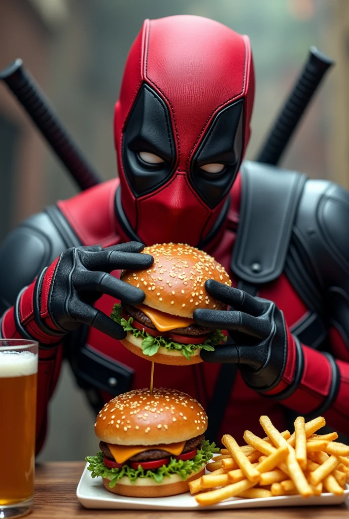 deadpool in his suit going crazy over a hamburger with french fries with some beer