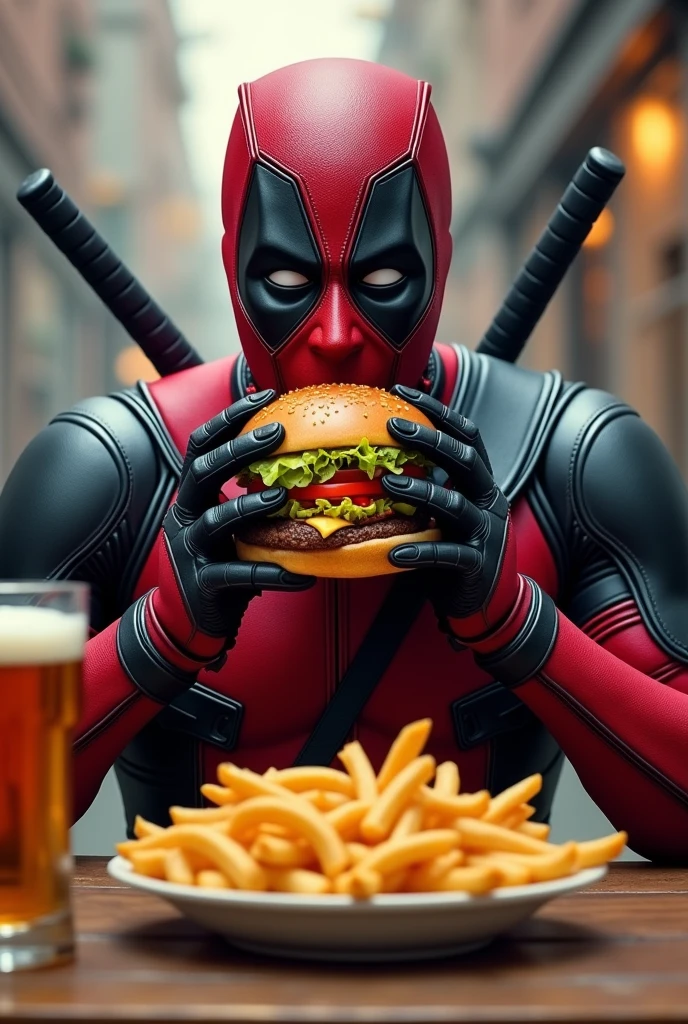 deadpool in his suit going crazy over a hamburger with french fries with some beer
