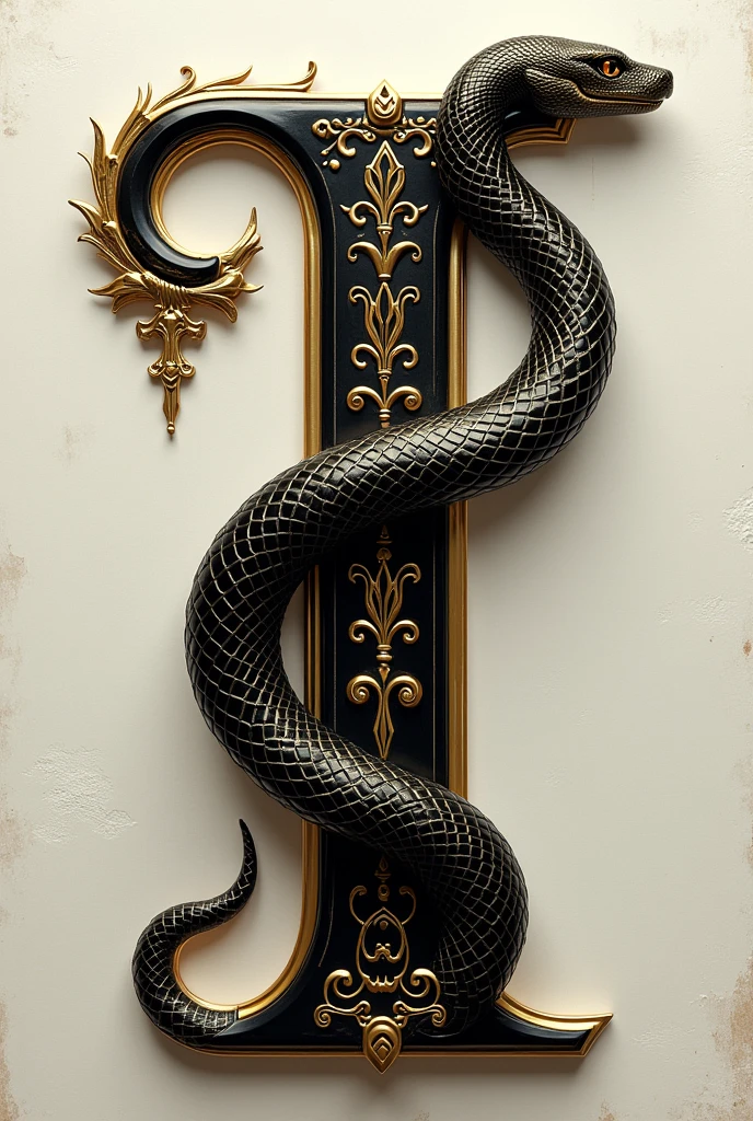 Create the letter I with a black and gold snake next to it