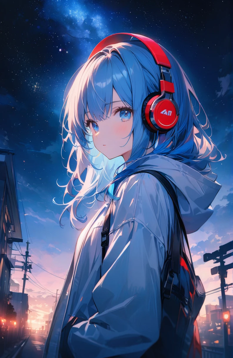 ((Amazingly absurd)),超High resolution, Attention to detail, high quality, High resolution, 最high quality, 4K, 8k、1 pretty girl、Blue Hair、White hoodie、Red headphones、blue eyes、Night view、Starry Sky