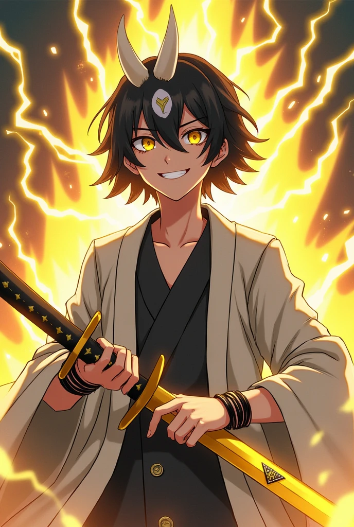 Do the Ootakemaru, mrpg game character Onmyoji description: powerful and intimidating, has medium-sized black hair, yellow eyes, sharp smile, three magatama symbols on the chest, two white horns on the forehead, Caucasian skin, a white haori, black bracelets, surrounded by yellow electricity, and a magatama sword.