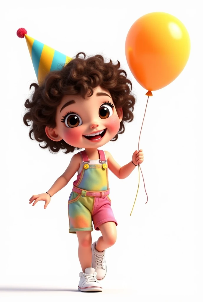 white girl mascot with few freckles on her face, wearing birthday party hat, wearing colorful short jumpsuit, Grinning, holding a balloon she wears white sneakers, she has curly brown hair/curly on the shoulder and dark eyes. thin and clear eyebrow. Pixar animation style, capturing his distinct approach to character design, color palette and texturing. must have a happy smile faithful to the pixar style white background