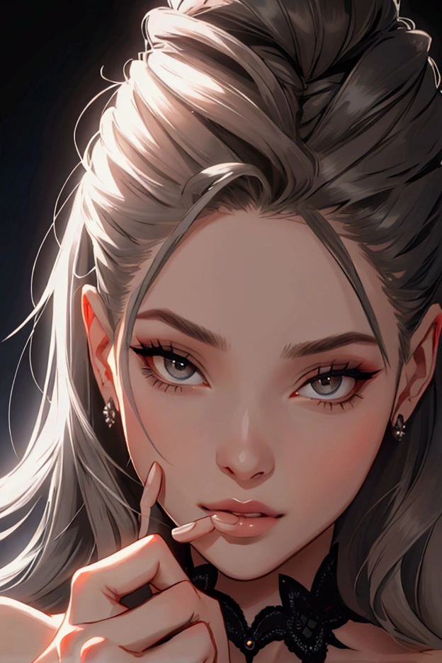 A woman's face in the dark with her finger on her lips (like shhh)