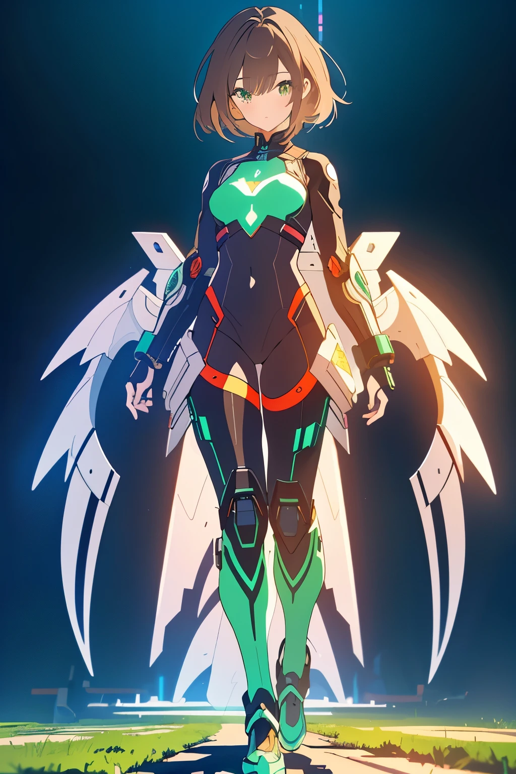 ((masterpiece, Highest quality, High resolution, 超High resolution, Pixel perfect, Written boundary depth, 4K, RTTX 10.0, High resolution))), 1 person, single, alone, Beautiful Anime, Beautiful art style, Anime characters, ((Shortcuts, bangs, Dark brown hair)), ((Green Eyes:1.4, Round eyes, Beautiful eyelashes, current eyes)), ((Smooth texture:0.75, Anime CG style)), ((Dynamic Angle, close)), Perfect body, (cute), Normal chest, whole body, ((4K, 8k, Highest quality, Perfect Fingers: 1.3, Perfect Anatomy: 1.3, Background Blur)), whole bodyアングル, Illustration of a girl in a mech suit, The characters are dressed in highly functional and stylish mecha suits.、The suit is designed to fit the body、Features various parts that support movement and glowing energy lines, The suit's color has a metallic texture., The background is a futuristic city and a battlefield.、Overall powerful、A scene full of sci-fi vibes