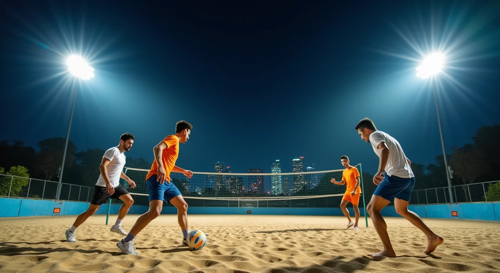A vivid night-time scene of four men playing footvolley on a sand court, under bright stadium lights that create dramatic shadows on the sand. The players are intensely focused on the ball, with the net sharply in focus, and a vibrant cityscape subtly visible in the background.