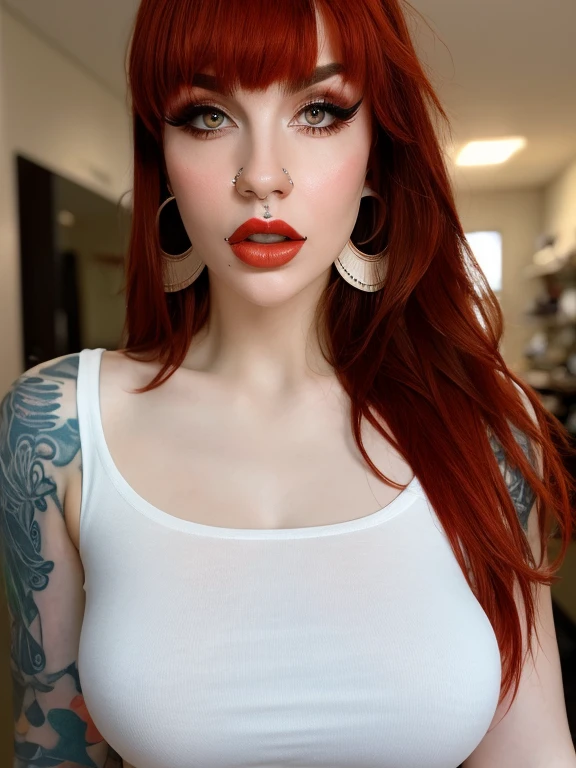 (masterpiece, best quality, photorealistic realistic,) 1 women, blunt bangs, shirt, white shirt, red hair, shiny brown eyes, thin eyebrows, eyelashes, licking lips, lipstick, long hair, looking at viewer, makeup, nose, open mouth, orange background, red lips, single, tongue out, upper body, arm tattoo, blurred background, close up, chest tattoo, depth of field, makeup, motion blur, shoulder tattoo, tattoo, ear piercing, earrings
