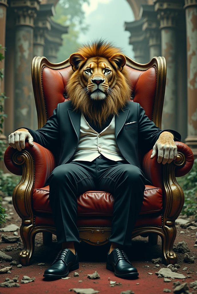 A injured lion setting on a king size chair in ruined palace wearing white and black suit